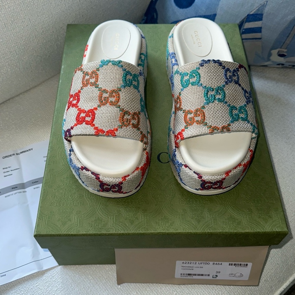 GUCCI Angelina Platform Slides Psychedelic Multicolor GG